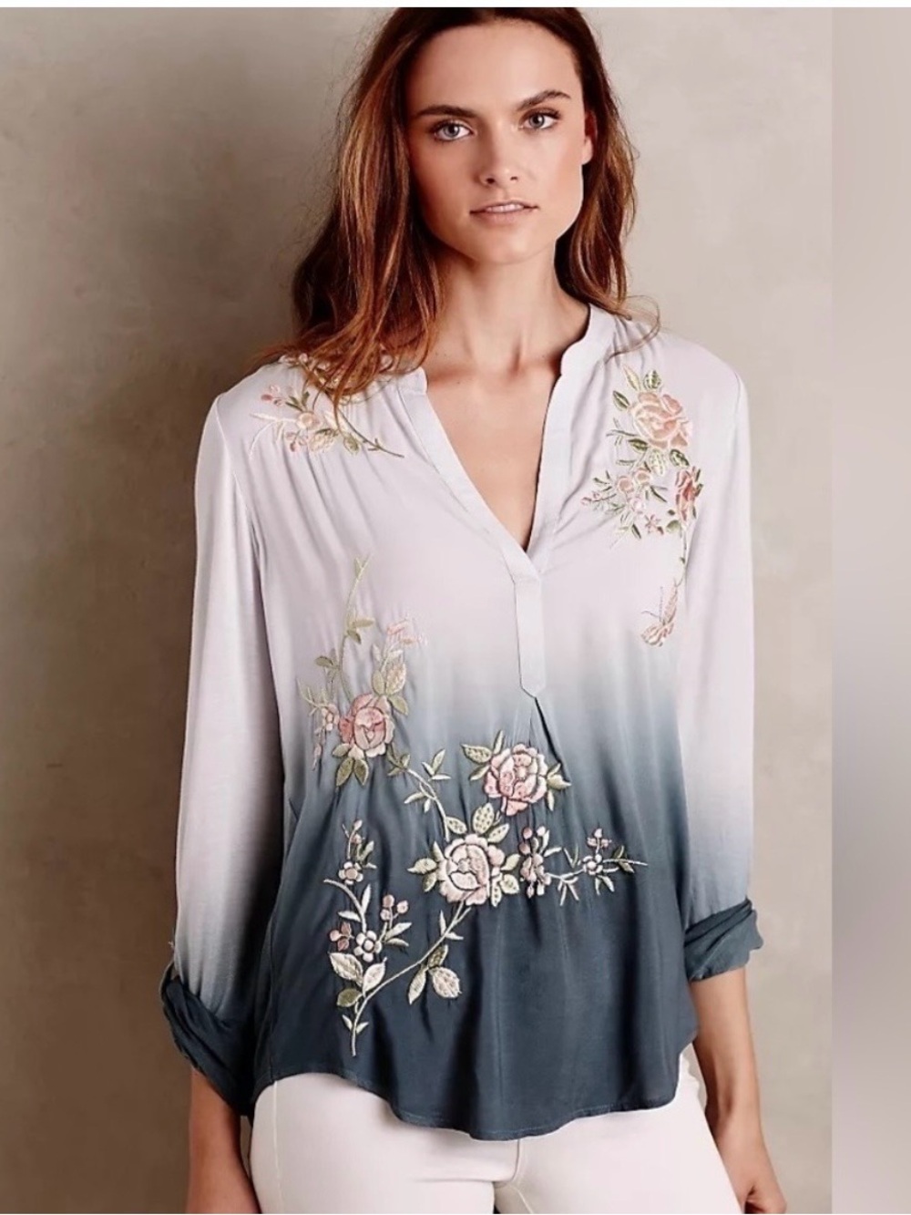 Anthropologie Tiny embroidered floral ombré top Size XL